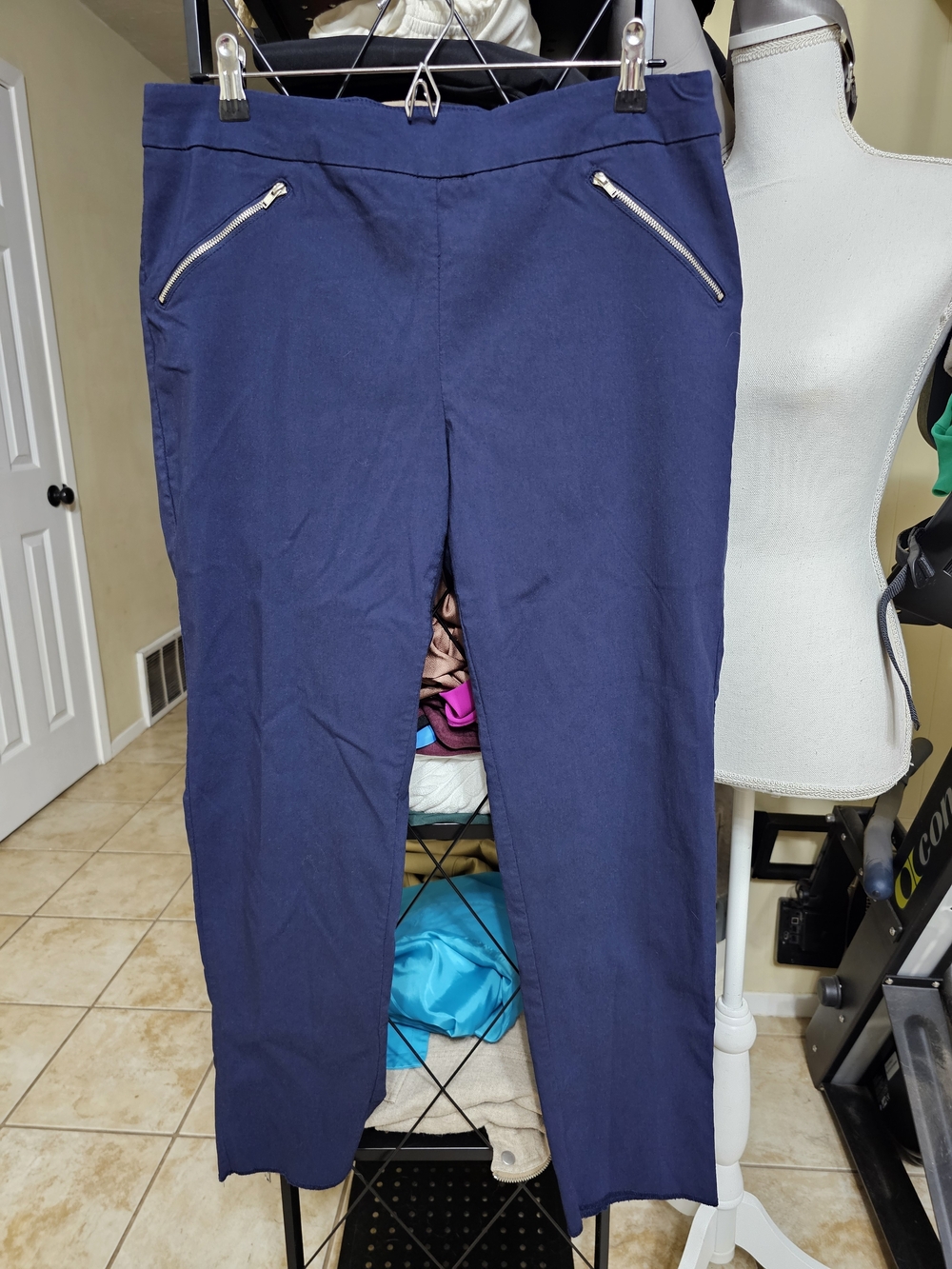 Navy Straight Leg Pants with Silver Zipper